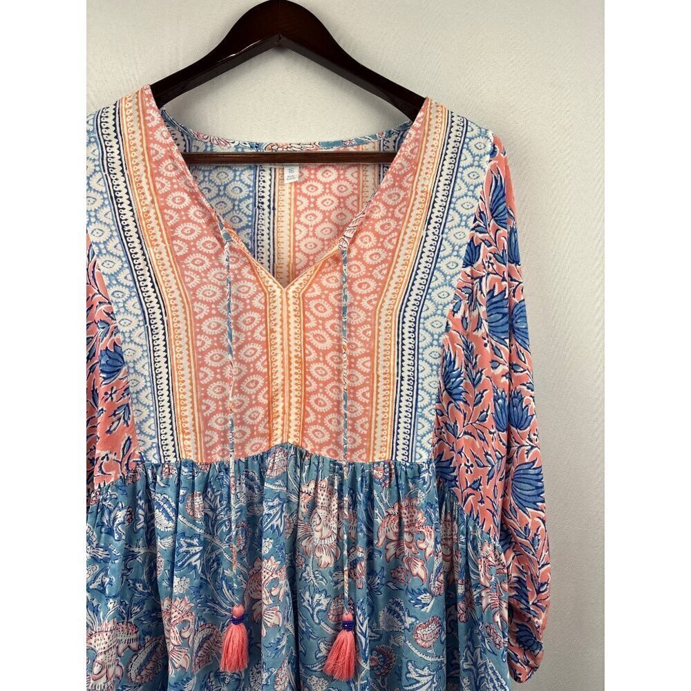 Women’s Sea Bird Size 16 Blue, Orange, & White Floral Blouse - Picture 2 of 5